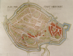 Bild vergrern: Brandplan 1638. Die roten Flchen zeigen die zerstrten und beschdigten Huser.